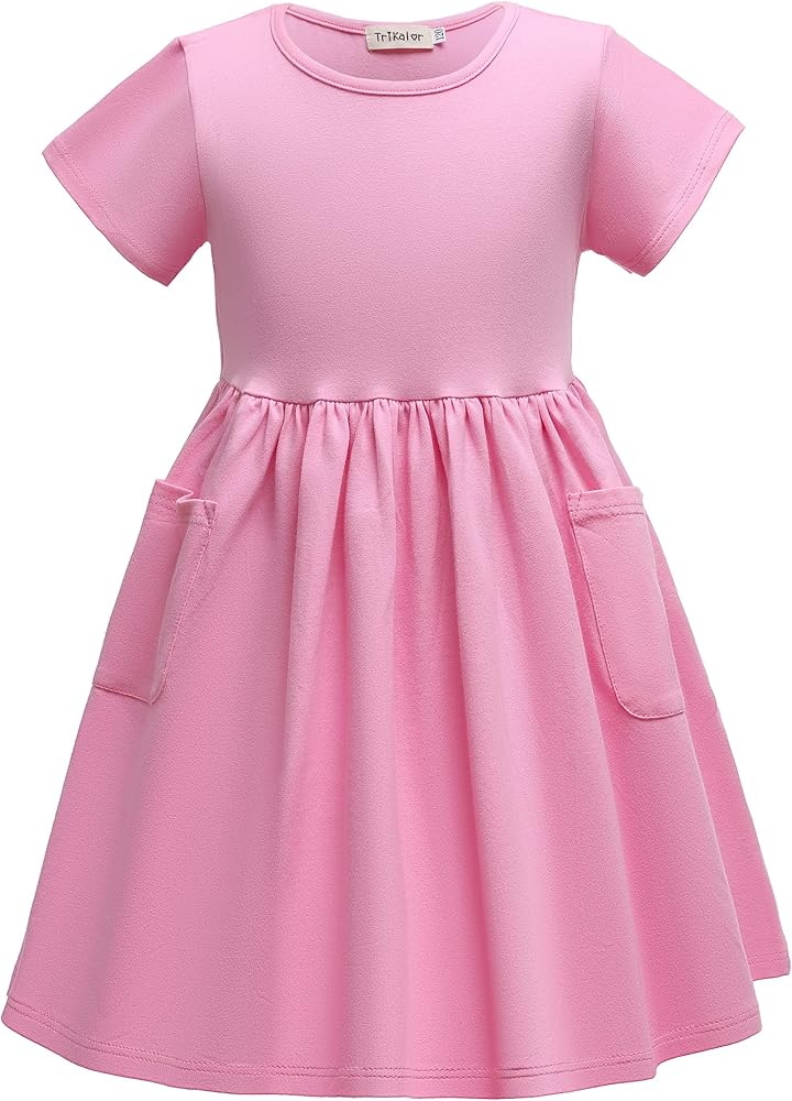 Girls Dresses Short Sleeve Solid Color Casual A-Line Pleated Dress with Pockets