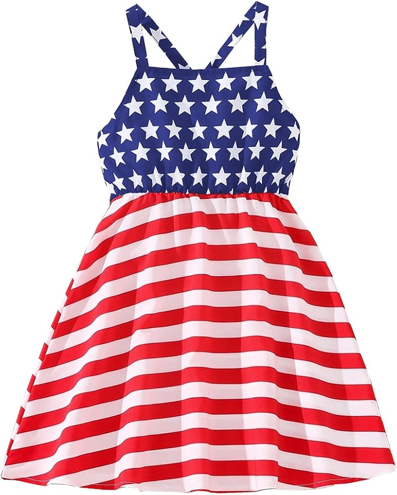 Girls 4th of July Outfit American Flag Dress Crisscross Back Red White and Blue Patriotic Dresses