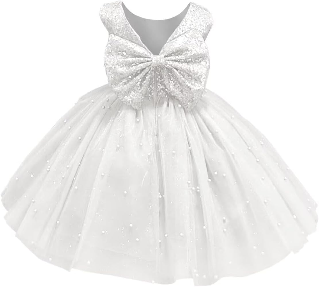 Glitter Flower Girl Dress Knee-Length Sequins Dresses for Wedding Tulle Pearl Tutu Pageant Dress Bow-Knot