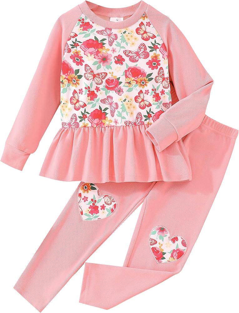 DDSOL Toddler Girl Clothes Raglan Sleeve Peplum Top Heart Embroidery Pant Set Fall Winter Clothing 2-8 Years