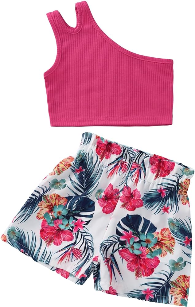 OYOANGLE Toddler Girls 2 Piece Boho Outfit Cut Out One Shoulder Crop Top Tropical Print Shorts Set