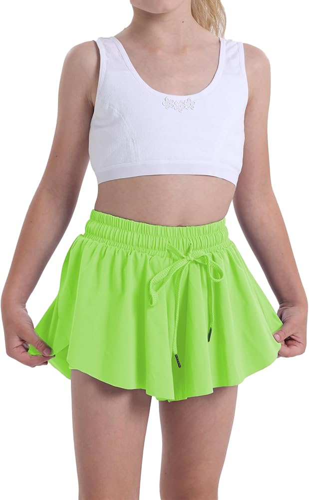 Flowy Shorts for Teen Girls Athletic Gym Running Biker Shorts Preppy Youth Butterfly Shorts（Neongreen-S）