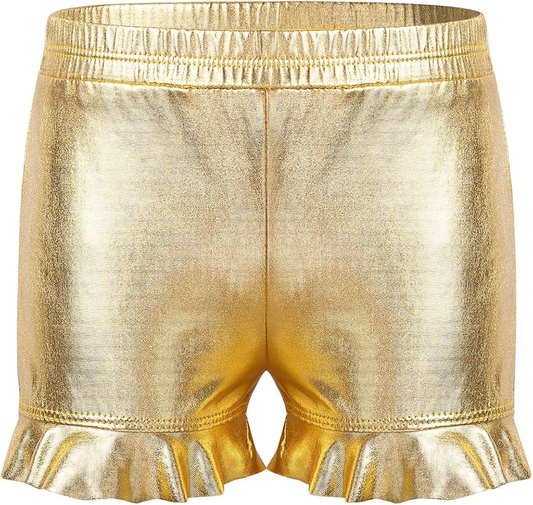 iiniim Kids Child Girls Gymnastics Shiny Metallic Ruffled Shorts Bottoms Jazz Cheer Dance Performance Elastic Waist Hot Pants