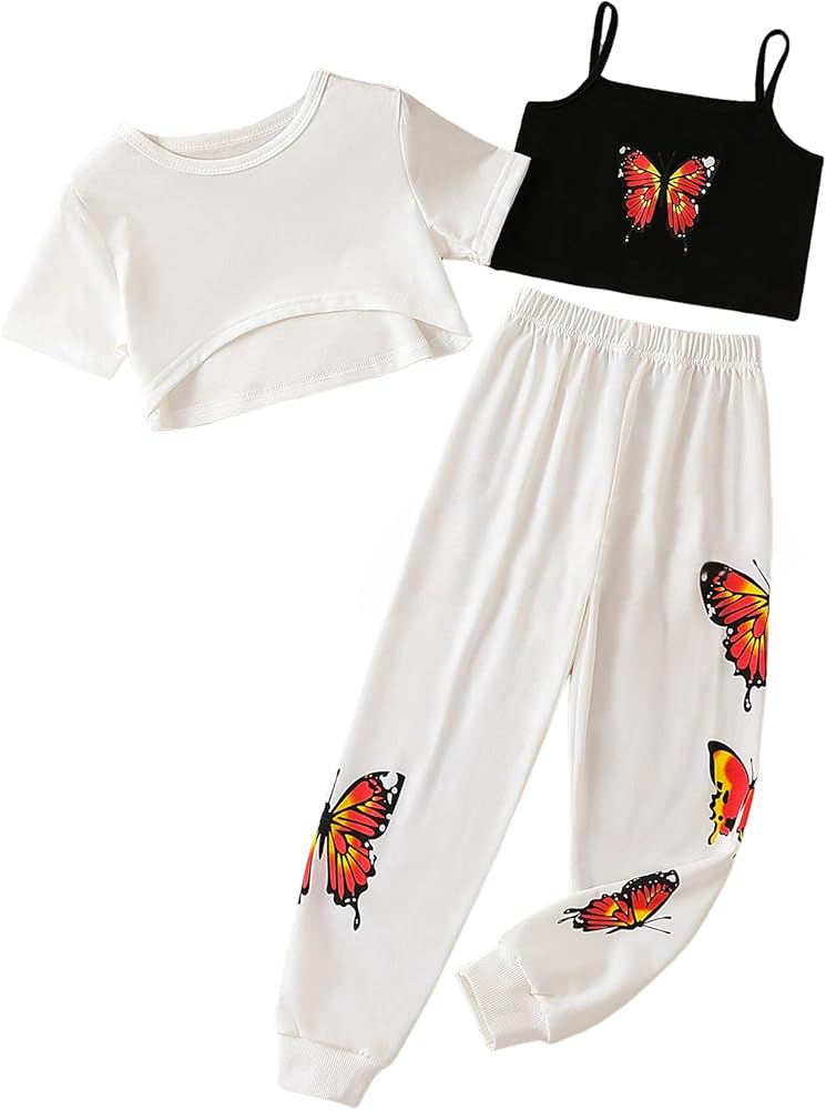 Arssm Girl's 3 Piece Outfits Butterfly Print Cami Tops Short Sleeve T Shirt Jogger Sweatpants Cute Summer Clothing Sets