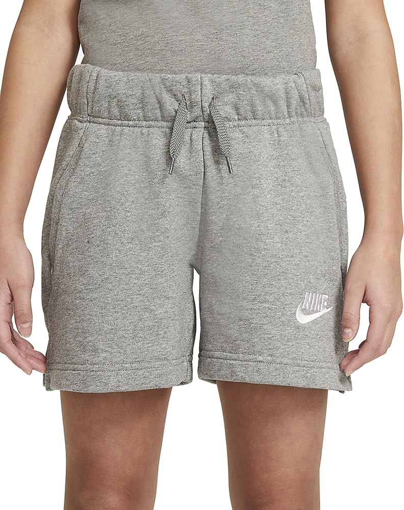 Nike Girl's NSW Club French Terry Shorts (Little Kids/Big Kids) Carbon Heather/White MD (10-12 Big Kid)