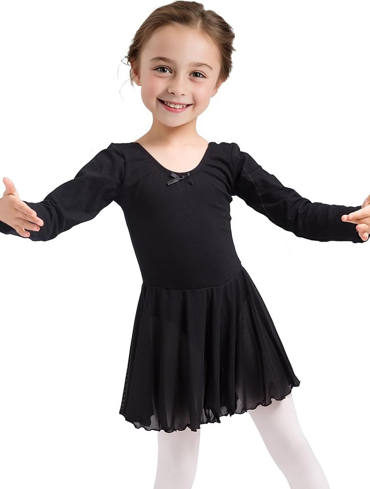 Dancina Girls Skirted Leotard Ballet Dance Dress Long Sleeve Cotton Front Lined