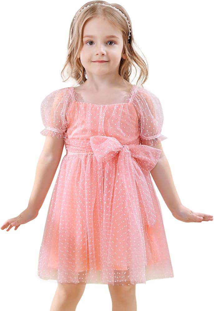 Toddler Girls Dress Dot Tutu Dress Puff Short Sleeve Birthday Party Dress Flower Tulle Bowknot Princess Dresses