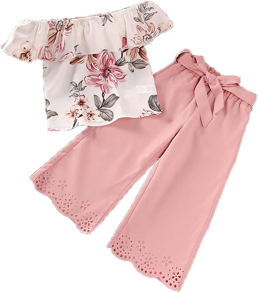 Girls 2t Kids Toddler Girls Off Shoulder Flower Print Tops Solid Pants With Belt Outfits Set