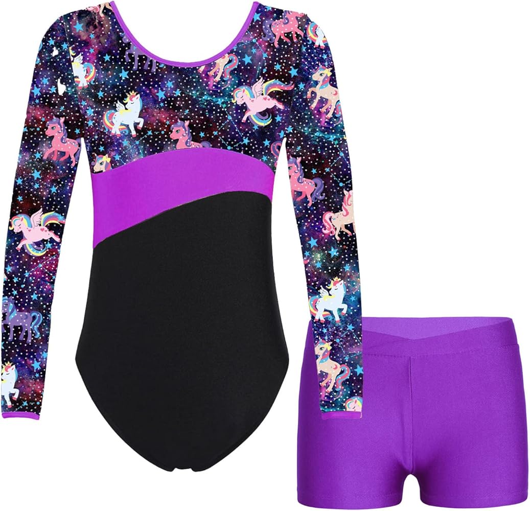 Kids Girls Gymnastics Leotards with Shorts Set 2 Pieces Tracksuit Long Sleeve Tumbling Dance Outfits