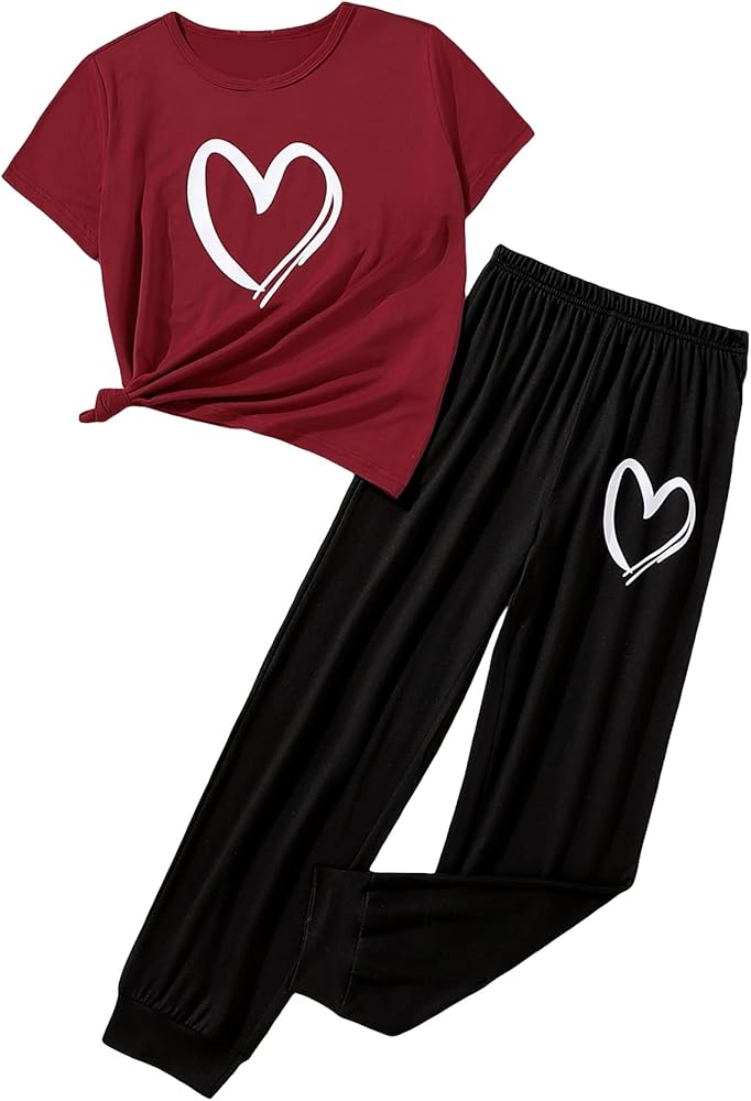 Milumia Girl's Two Piece Outfits Heart Print Short Sleeve T Shirt and Leopard Print Leggings Set Burgundy and Black 10 Years