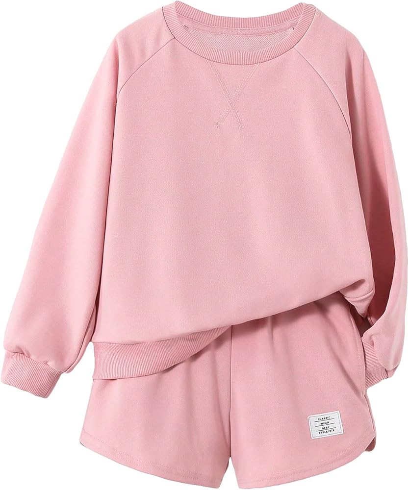 OYOANGLE Girl's 2 Piece Outfits Oversized Crewneck Long Sleeve Pullover Sweatshirts Top and Track Shorts Set