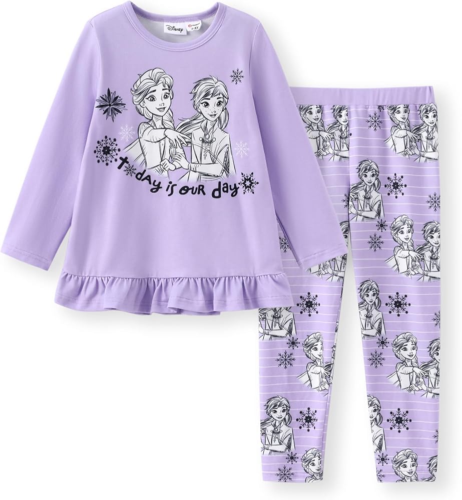 Disney Frozen Toddler Girls 2PCS Sweatshirt Long Sleeve Ruffle Shirt and Leggings Set Girls Outfit Set