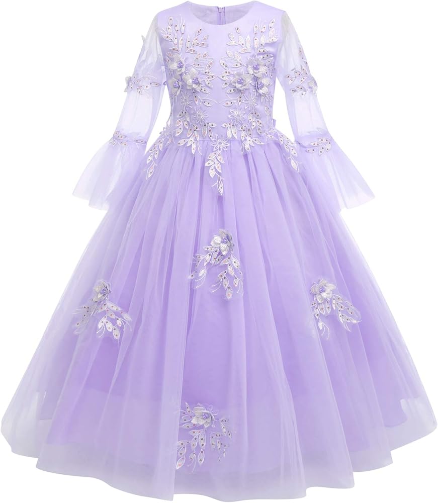 IWEMEK Girls Flower 3/4 Bell Sleeve Tulle Dress Formal Party Bridesmaid Pageant Ball Gowns Floor Length Sequin Princess Dress