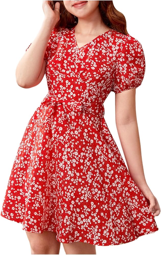 SweatyRocks Girl's Floral Print Puff Sleeve Dress High Waist A Line Casual Dresses with Belt