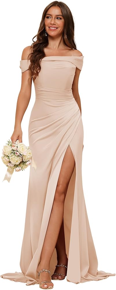 TIRAS Satin Mermaid Bridesmaid Dresses 2024 Women's Off Shoulder Evening Prom Party Gown with Slit Train