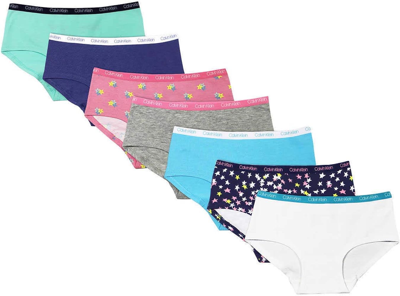 Calvin Klein Girls Underwear Hipster Tagless Soft Cotton Stretch Logo Waistband (7 Pack) (Multi Color Small)