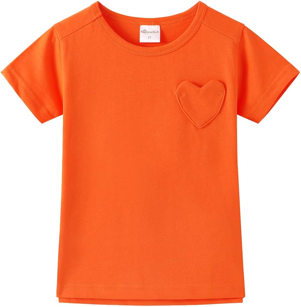 Noomelfish Girls Short Sleeve Heart Pocket T-shirts Casual Cotton Tee Tops Blouse (5-12 Years)