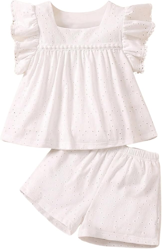 Girl's 2 Piece Outfit Eyelet Embroidery Ruffle Sleeve Square Neck Blouse and Shorts Set