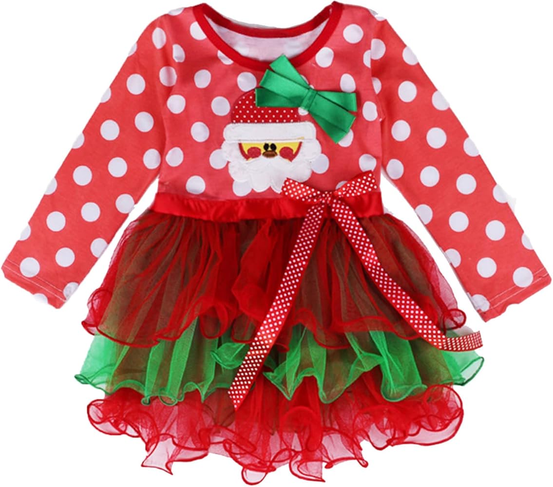 Audition Dress Toddler Girls Winter Long Sleeve Dress Princess Dress Santa Christmas Party Dot Prints