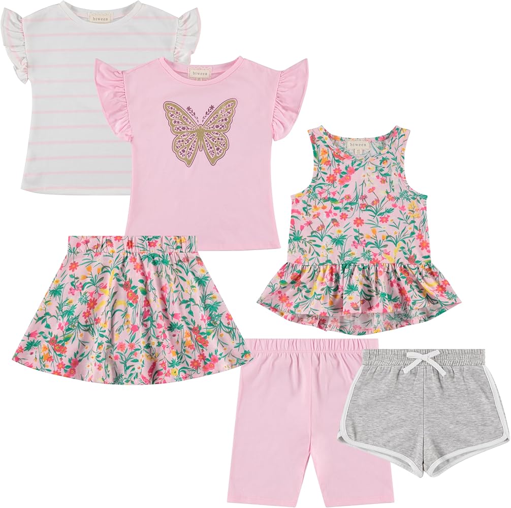 BTween Girls 6-Pack Casual Outfit Bundle with Ruffle Sleeve Tees, Peplum Tank Top, Skirt, Dolphin and Biker Shorts