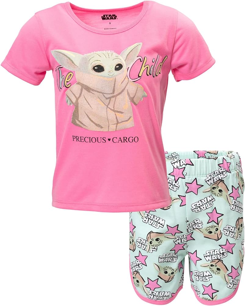 STAR WARS The Mandalorian The Child Girls French Terry T-Shirt and Shorts Outfit Set Little Kid to Big Kid