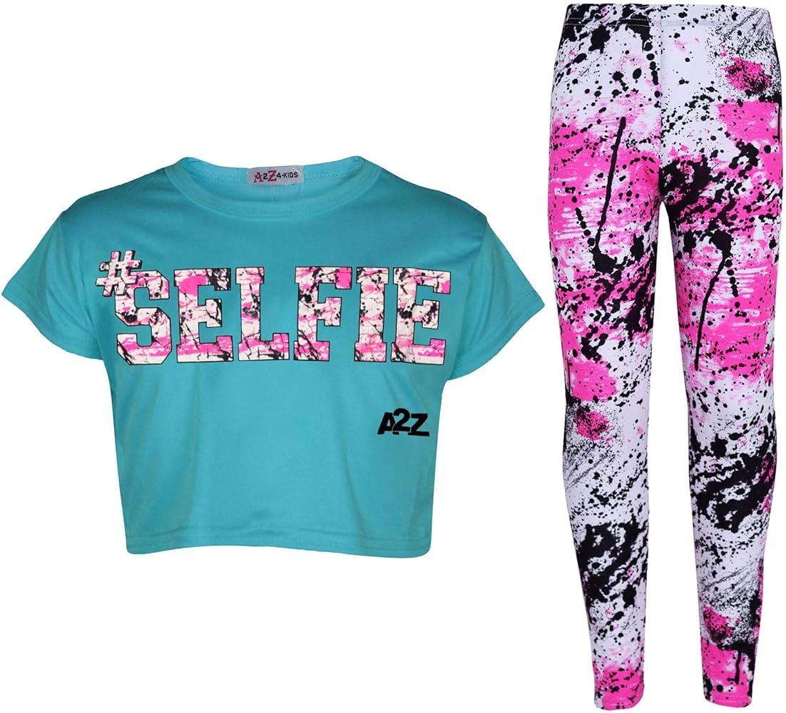 A2Z 4 Kids Girls #SELFIE Print Turquoise Crop Top Short Sleeves T Shirt And Splash Print Fashion Leggings Set Age 5-13 Years