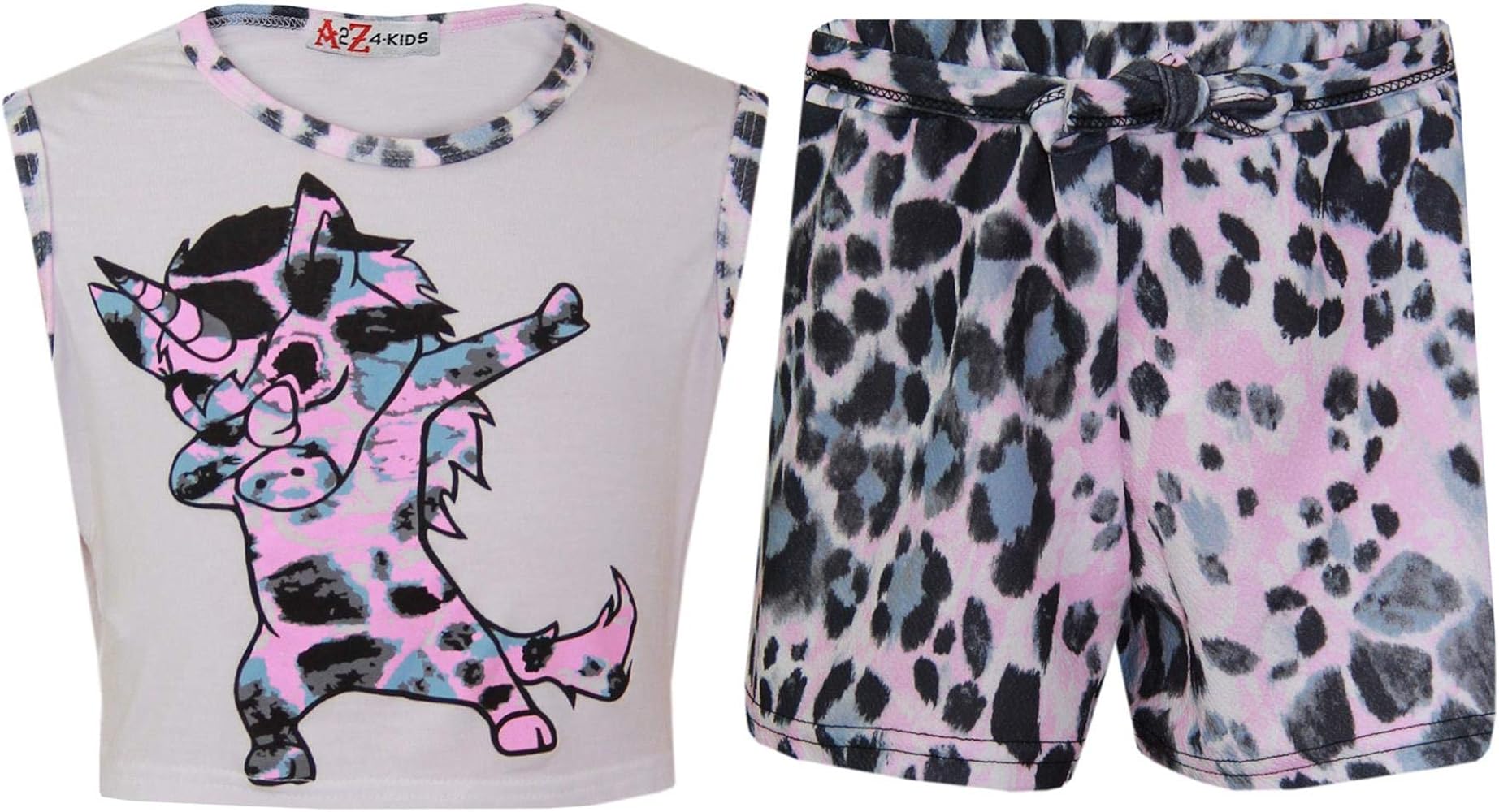 Kids Girls Crop & Shorts Dabbing Unicorn Fashion Top Summer Outfit Set 7-13 Year