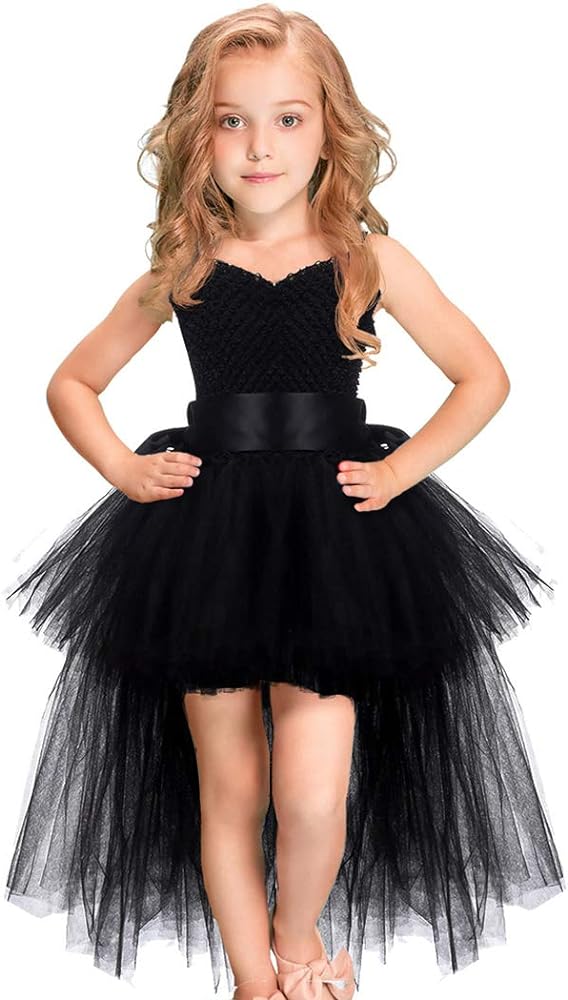 Girls Tutu Dress with Train Handmade V-Neck Tulle Evening Wedding Birthday Party Dresses for Kids Ball Gown