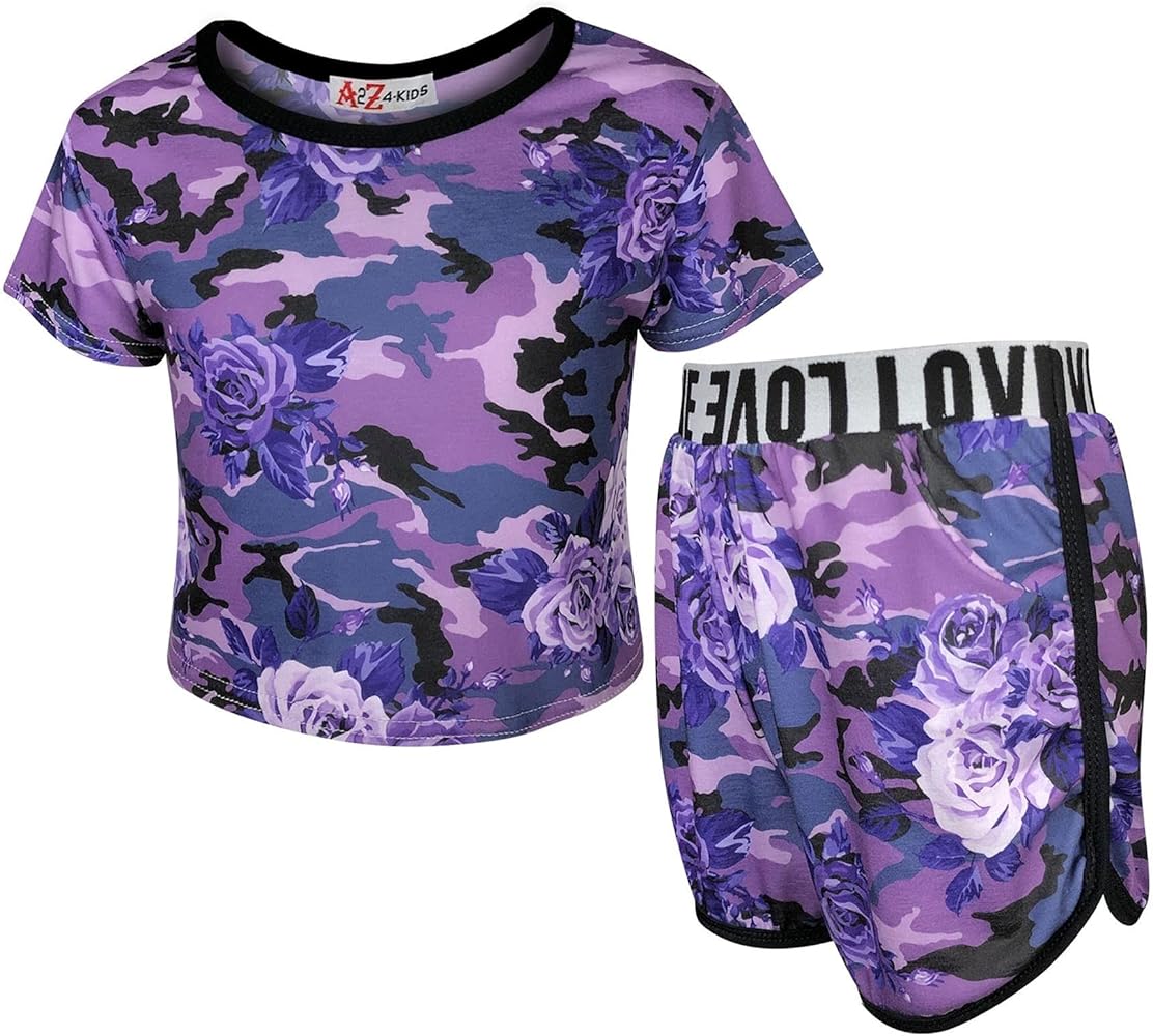 Kids Girls Crop & Short Camouflage Purple Floral Print Fashion Summer Outfit Set