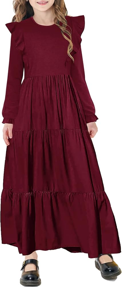 Girls Flutter Long Sleeve Casual Stretchy Tiered Flowy Maxi Fall Dress for Church 5-11 Years