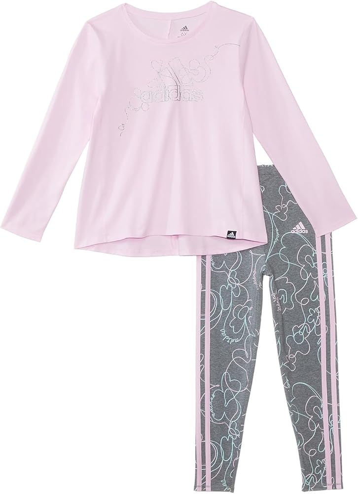 adidas Girl's Long Sleeve Swing Tee All Over Print Tights Set (Toddler/Little Kid) Light Purple 5 Little Kids