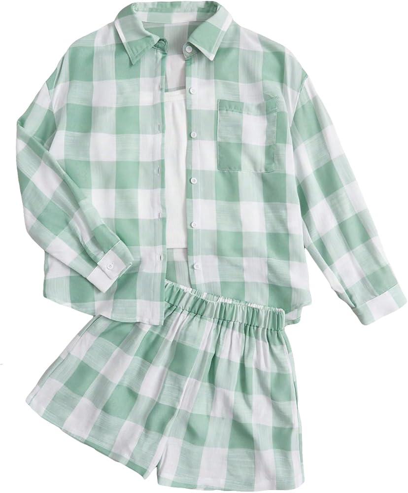 OYOANGLE Girl's 3 Piece Outfits Plaid Button Down Long Sleeve Shirt and Shorts Set With Cami Top