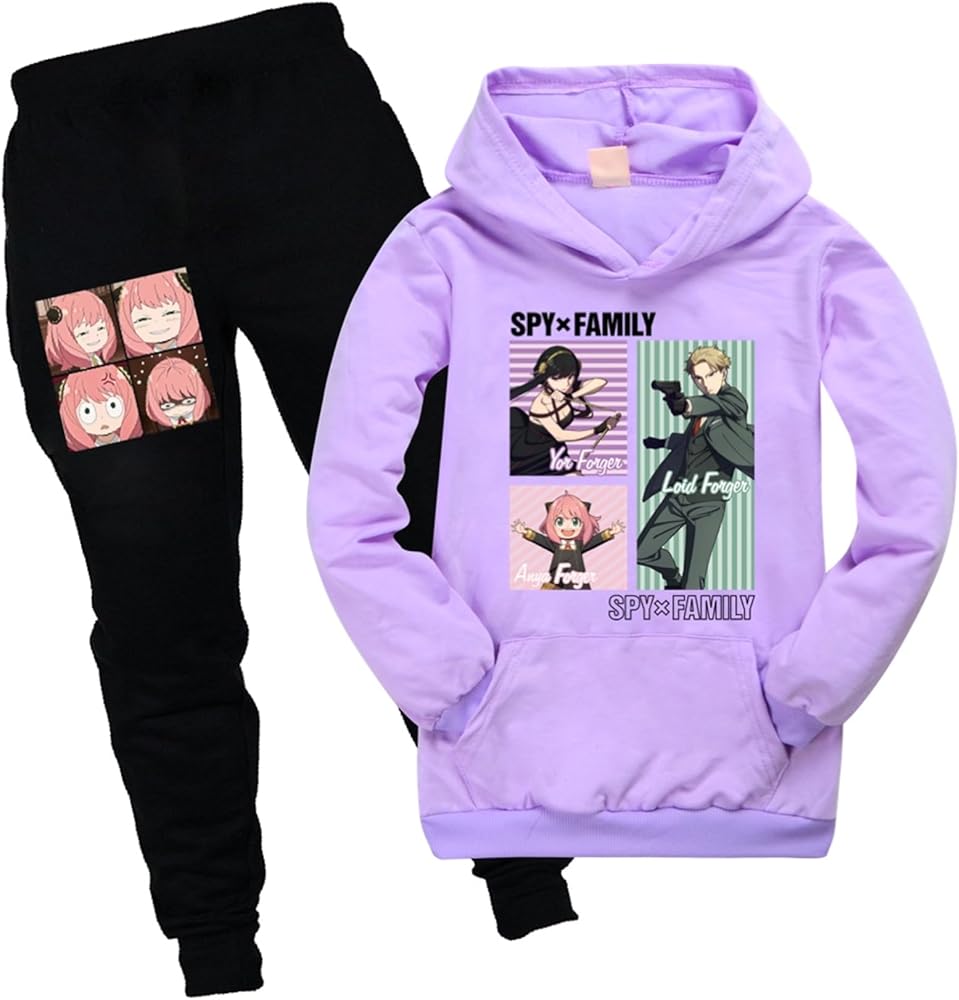 Girl's Casual 2 Piece Sets Spy Family Long Sleeve Sweatshirts and Sweatpants Suits Fall Clothes Outfits with Pocket