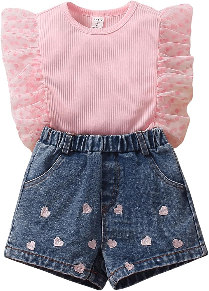 Girl's 2 Piece Cute Short Sleeve Round Neck Pullover Tee Top and Heart Embroidered Denim Shorts Sets