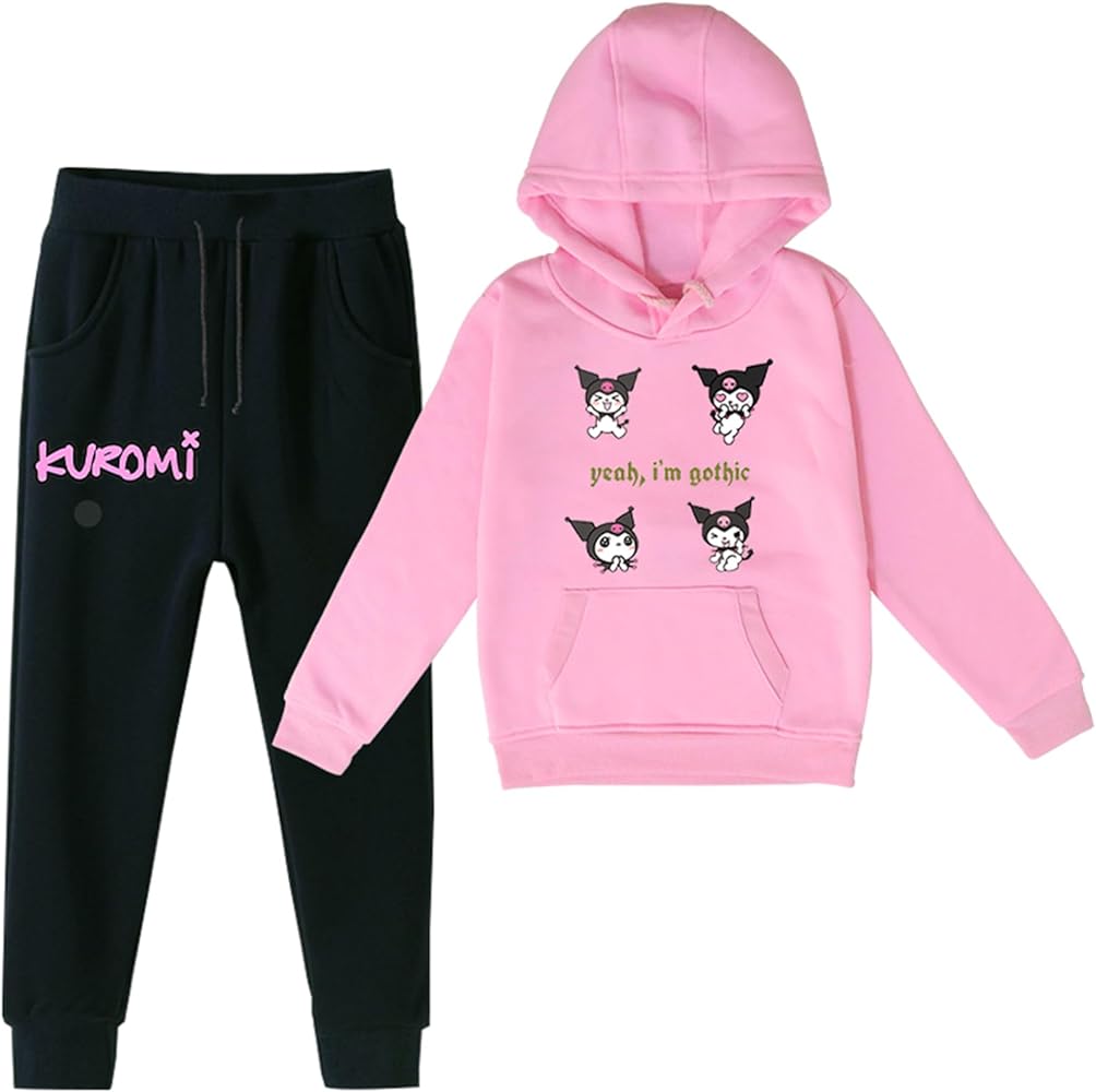 Girls Kuromi Fleece Lined Sweatsuit Cute Comfy Active Tracksuits Casual Sweatshirts+Pants Outfits with Kangaroo Pocket