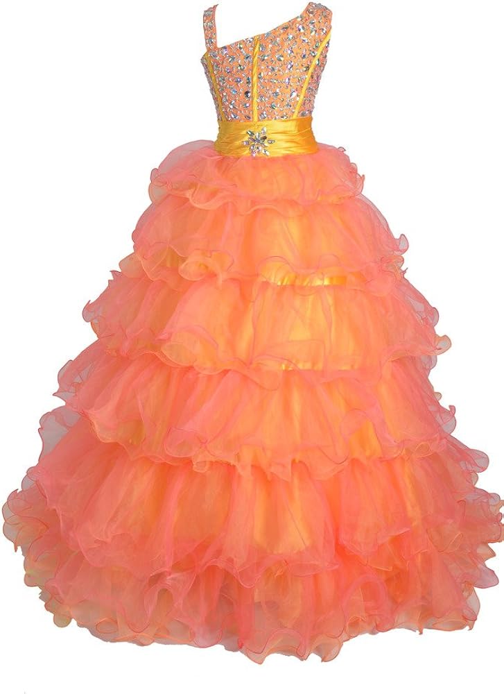 Wenli Asymmetric Neckline Tiered Glitz Pageant Dress for Girls