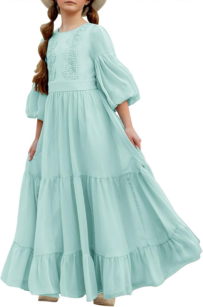 Girls Boho Dresses 3/4 Sleeve V-Back Lace Flower Crew Neck Tiered Ruffle Swing Party Maxi Dress