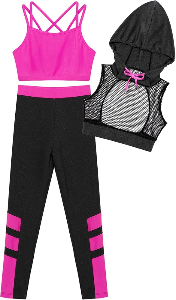 Girls Tracksuit 3 Piece Dance Sports Outfit Cropped Hoodie Tank Top with Jogger Pants Set for Gym Workout