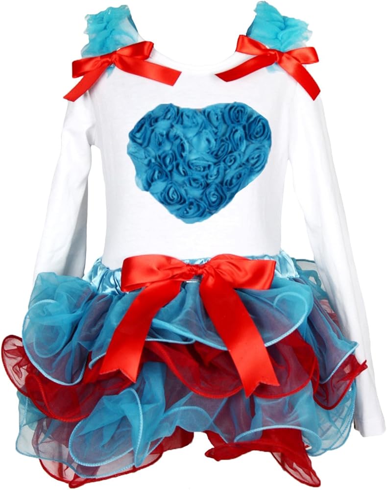 Valentine Dress Blue Floral Heart L/s Shirt Blue Red Petal Skirt Set 1-8y