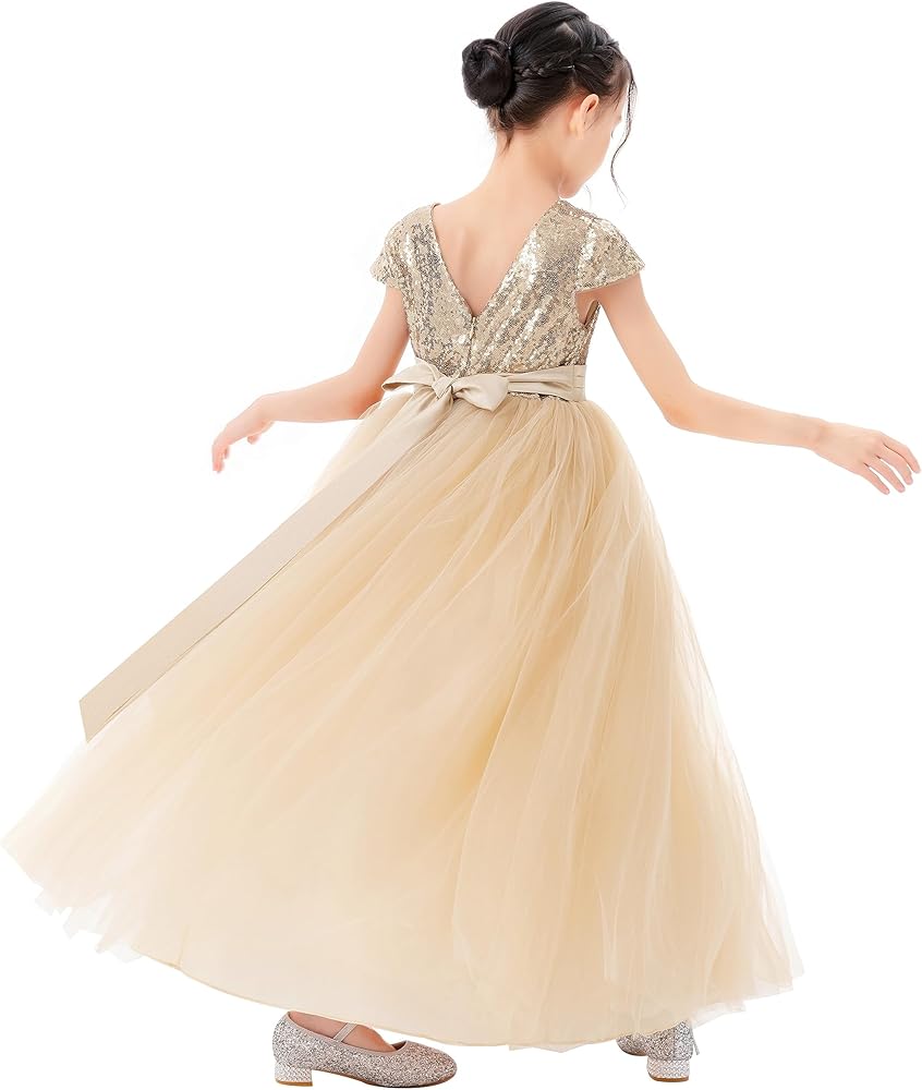 ekidsbridal Sequins V-Back Cap Sleeves Formal Flower Girl Dresses for Junior Pageants 323