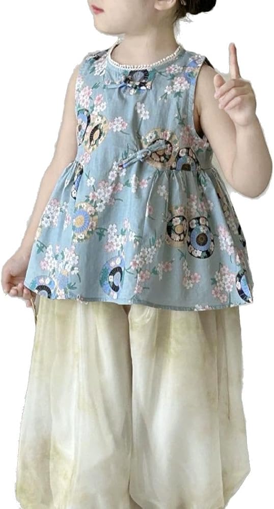 Summer Baby Girl Flower Button Sleeveless Improved Qipao Tang Suit Hanfu Children's Flower Tang Suit Hanfu Fashion