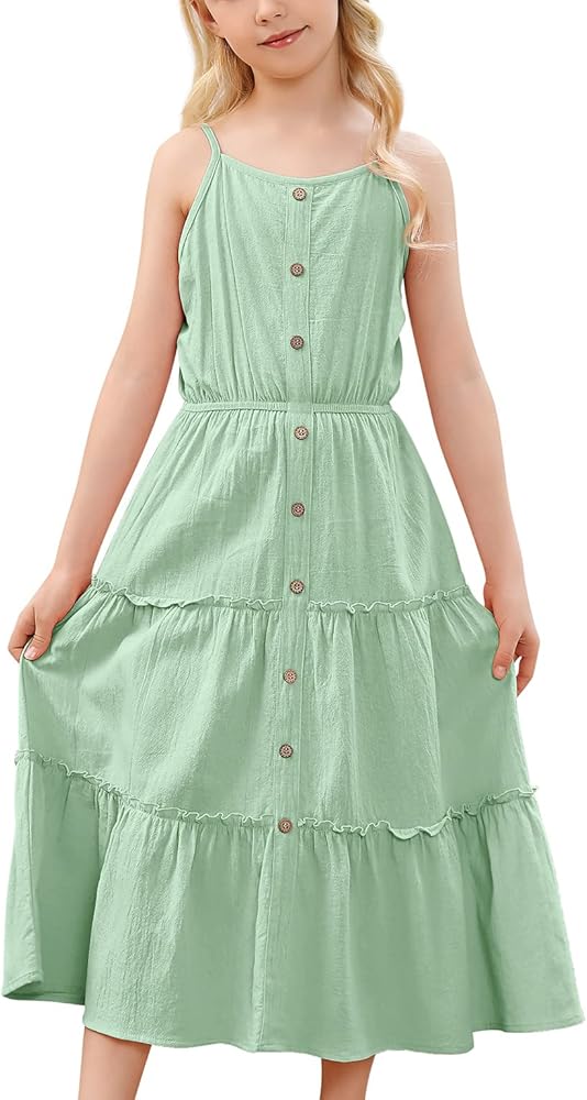 GERU Girls Summer Spaghetti Strap Tiered Dress Casual A-Line Flowy Maxi Sundress with Pocket 3-12 Years