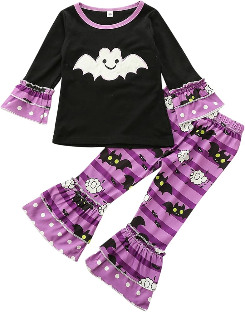 Toddler Kids Girls Outfit Halloween Prints Long Sleeves Tops Bell Bottom Pants 2pcs Set Outfits 3 Toddler Girls