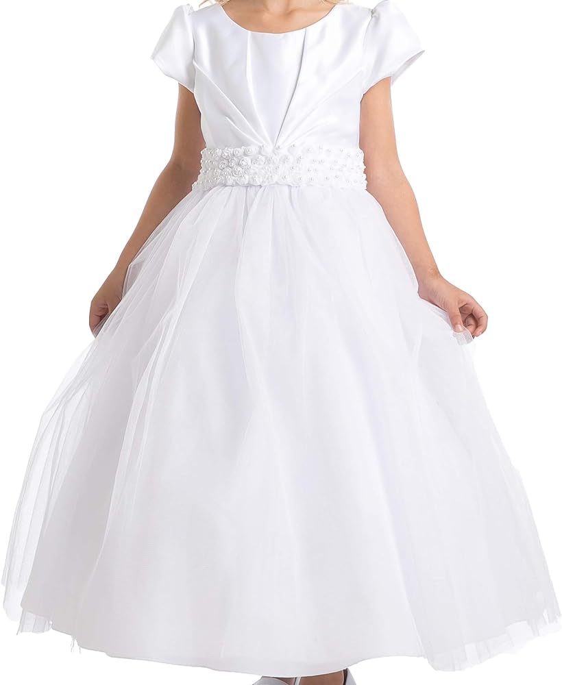 Little Girls Short Sleeve Pearl Beading First Communion Flowers Girls Dresses