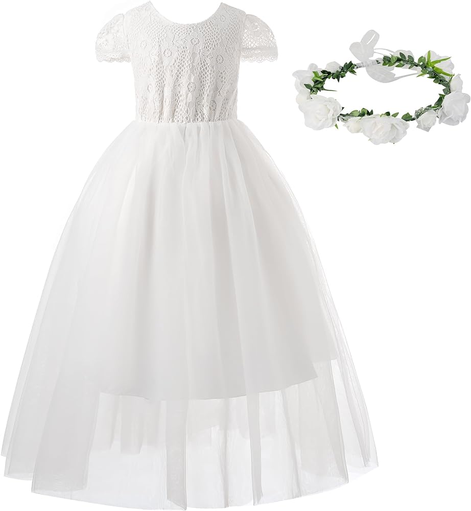 White Lace Flower Girl Dresses Backless First Communion Tulle Dress for Girls Summer Clothes Matched Flower Crown