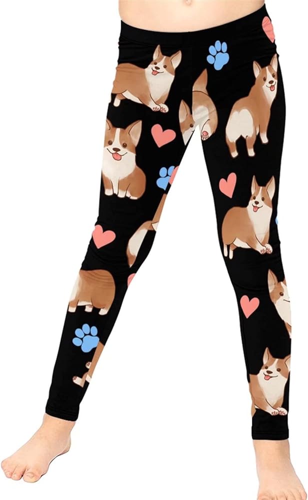 Cute Corgi Print Girls Yoga Dancing Leggings Size 4-13 Years Kids Teens Stretch Ankle Length Pants Running Active Yoga Tights