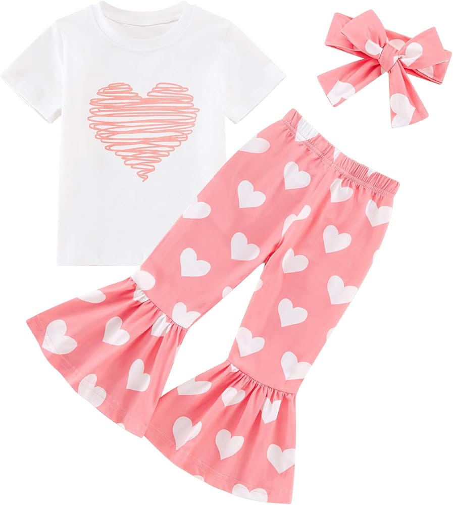 Toddler Baby Girls Outfits Valentines Day Love Heart Cotton T-Shirt Bell Bottom Pants Headband 3Pc Clothes Set 1-6 Years