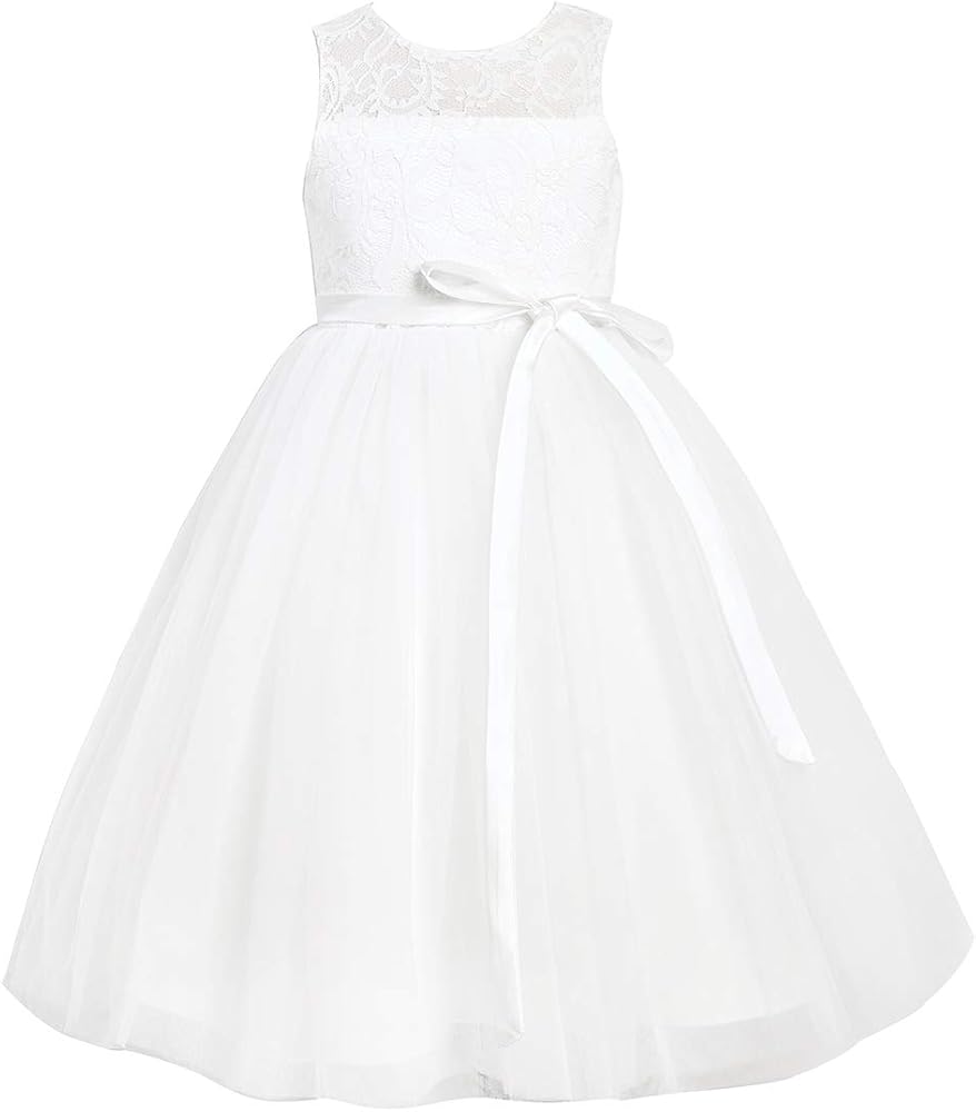 Ivory Lace Tulle Keyhole Back Tea Length Flower Girl Dress Little Girls Holiday Birthday Dress