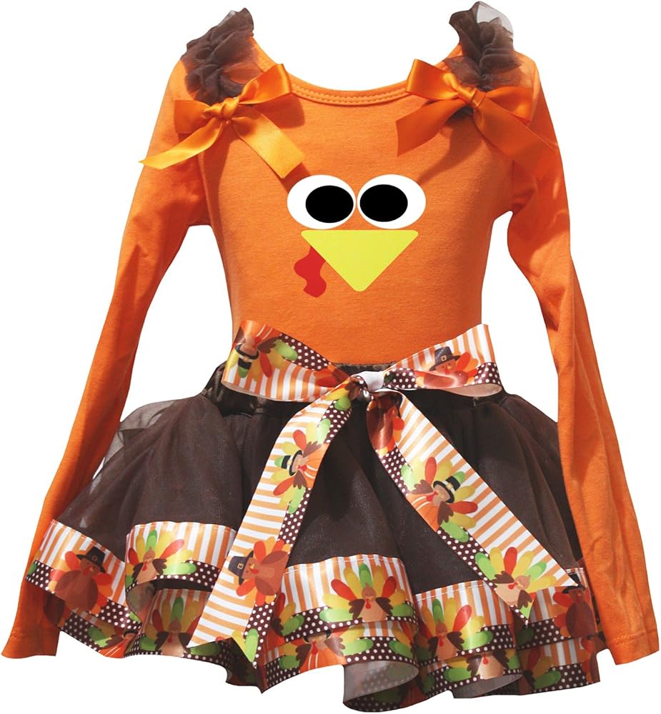 Petitebella Turkey Face Orange L/S Shirt Brown Turkey Petal Skirt Nb-8y