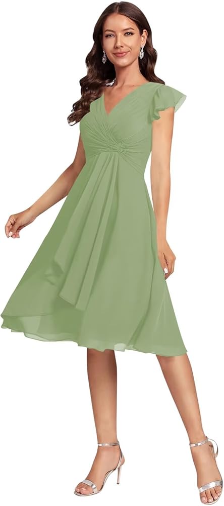 Short Chiffon Bridesmaid Dresses for Women V Neck Flutter Sleeves Ruffle Formal Prom Dress with Pockets IMC006